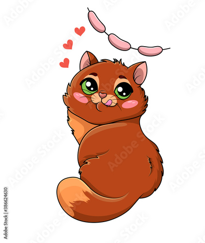 Hungry little cartoon kitten dreaming of its favorite food, a long string of sausages, looking up with longing isolated on white, colored cartoon vector illustration