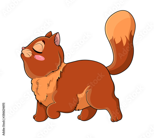 Cute cocky little cartoon cat with its tail held high and nose in the air walking in side view isolated on white, colored cartoon vector illustration