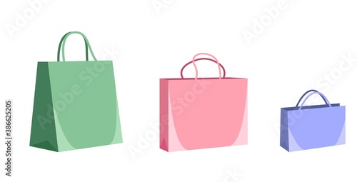 Illustration set of colorful empty paper shopping bags isolated in white. Vector flat Illustration.