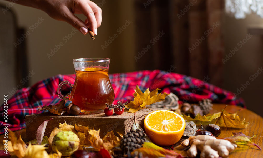 Adding cinnamon to hot drink, glass cup with hot infused tea with orange and cloves, fall warming beverage, cozy and hygge autumn home concept with copyspace, banner background