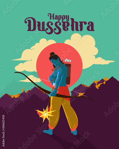 Happy Dussehra text with an illustration of Lord Rama bow arrow and temple background 