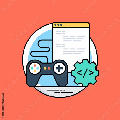 
Game controller attached to a website layout with coding symbols making game development icon 

