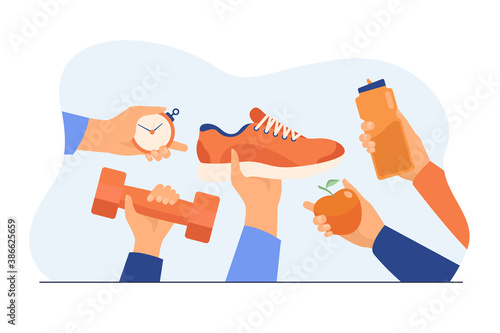 Many hands holding boot, apple, bottle with water, dumbbell flat vector illustration. Workout and training accessories for sport exercise. Wellness and healthy lifestyle concept