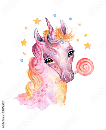 Watercolor unicorn portrait with candy and stars