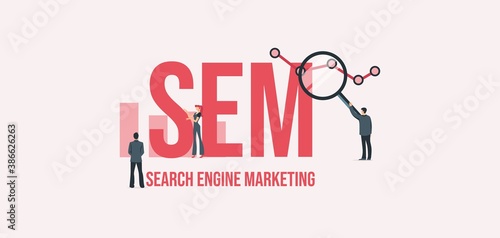 SEM Search engine marketing. Business management investment business strategy payment by cash and credit card social marketing technologies vector informational online reference for advertising .