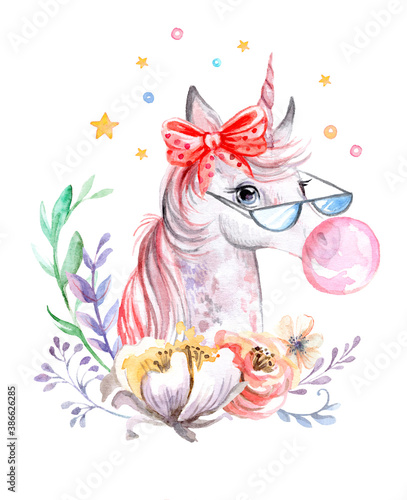 Εκτύπωση καμβά Watercolor unicorn with bubble gum and beautiful flowers