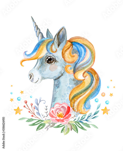 Watercolor unicorn in profile with beautiful flowers