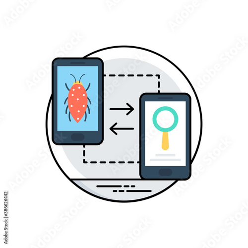 
Mobile application going through some evaluation of bugs and debugging process, icon denoting testing and debug 
