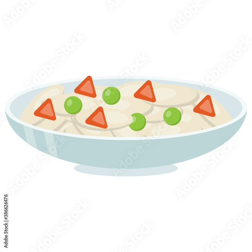 
A plate with past like dessert and fruit garnishing, showing icon for fruit custard
