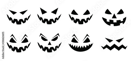 Happy halloween party Pumpkin face. Funny flat vector signs. 31 october fest, horror. Pumpkins icons. Emotion smiley, smile, emoji emoticons faces. Creepy, Fly bat pictogram.