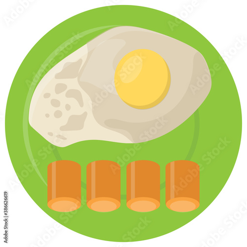 
A plate filled with white and yellow egg yolk along with sausage slices, icon for sausage egg breakfast 
