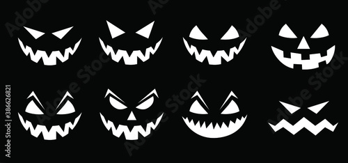 Happy halloween party Pumpkin face. Funny flat vector signs. 31 october fest, horror. Pumpkins icons. Emotion smiley, smile, emoji emoticons faces. Creepy, Fly bat pictogram.