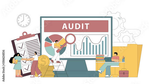Financial, accounting, audit, analysis, consulting, statistics, tax audit. Little people provide auditor services. Vector isolated illustration on white background.