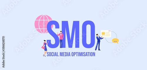 SMO Social media optimisation. Global communication media marketing technologies informational online reference for advertising and user support promotional web video and email messages vector.