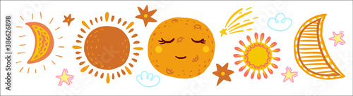 Celestial girlish bodies sun, moon, clouds, stars. Temporary cute tattoo boho style. Hand drawn collection. Flash tattoo, pin, sticker, patch or print design vector illustration