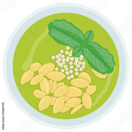 
A bowl having raw arugula and garlic cloves along with chickpeas making sense of healthy icon of arugula salad with chickpeas
