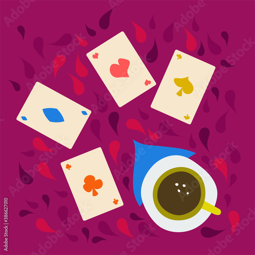 Hand-drawn illustration of playing cards lying on the table, a cup of tea or coffee on a napkin. Alice in Wonderland. A pattern of colored drops. Flat.