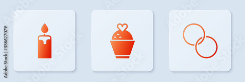 Set Wedding cake with heart, Burning candle and rings. White square button. Vector.
