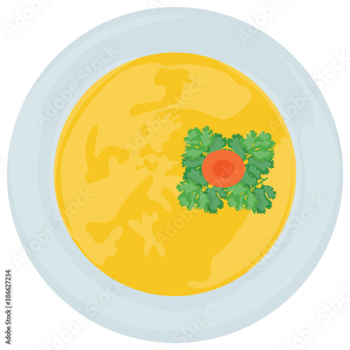
Yellowish soupy serum in a bowl garnished with flower is brining you icon for cheese curry 
