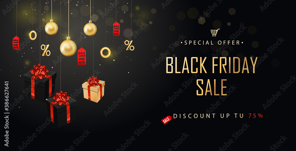 Obraz premium Black Friday sale. Golden text lettering on realistic black gift boxes. Vector illustration