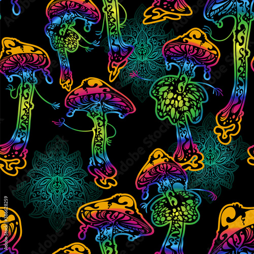 Psychedelic magic glowing mushrooms. Seamless pattern - goa trance music, hanging out, shindig, going out, the gang, rave, get together, culture. Hippie. Hashish 60s photo