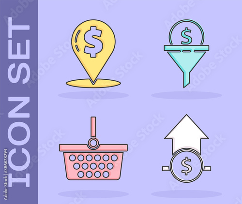 Set Financial growth and coin, Cash location pin, Shopping basket and Lead management icon. Vector.