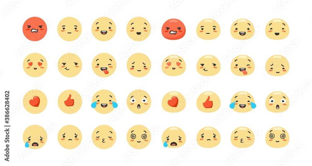 Cartoon emoji set. Emotions of characters red like with heart joyful and sad faces expression of success and yellow surprise crying and lovingly touching feelings in vector social networks. Cartoon emoji set. Emotions of characters red like with heart joyful and sad faces expression of success and yellow surprise crying and lovingly touching feelings in vector social networks.