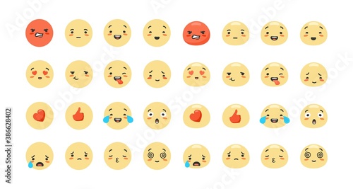 Cartoon emoji set. Emotions of characters red like with heart joyful and sad faces expression of success and yellow surprise crying and lovingly touching feelings in vector social networks.