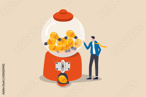 Business ideas, creativity, start up and entrepreneur or innovation light bulb symbol concept, smart businessman with a lot of ideas standing with gumball machine with abundance of lightbulb ideas.