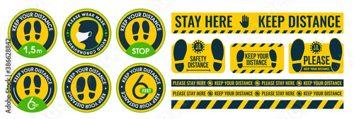 Large collection of social distance floor stickers, round and linear. For printing. In yellow and green tones. Against coronavirus and covid-19. Stay here, keep your distance, put on your mask.