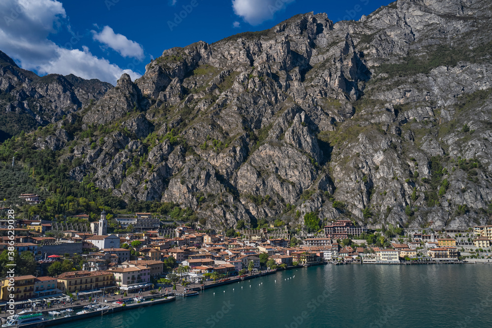 Town Limone Sul Garda, Lake Garda, Italy. Panoramic aerial view of the historic part of the city limone sul garda. Italian resort on Lake Garda.