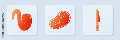 Set Steak meat, Fried chicken wing and Knife. White square button. Vector.