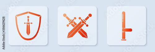 Set Crossed medieval sword, Medieval shield with sword and Police rubber baton. White square button. Vector.