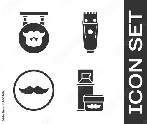 Set Shaving gel foam, Barbershop, Mustache and Electrical hair clipper or shaver icon. Vector.