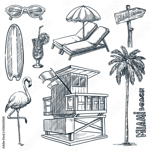 Miami beach landmark symbols. Florida vacation design elements set. Vector doodle sketch illustration
