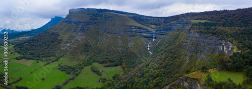 Autumn landscape at the San Miguel waterfall in the Angulo Valley of the Mena Valley in the Merindades of the province of Burgos. Castilla y Leon, Spain, Europe