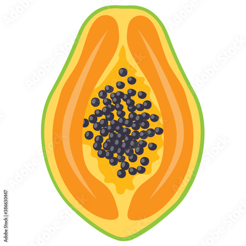 
A fleshy fruit having black seeds inside buttery  sweet taste healthy to eat, papaya 
