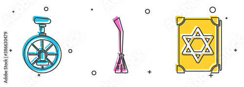 Set Unicycle or one wheel bicycle, Witches broom and Ancient magic book icon. Vector.