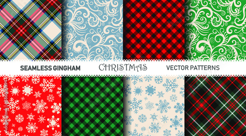 Seamless vector plaid patterns. Set of Christmas tartan gingham patterns. Collection of happy new year traditional backgrounds. For packaging, fabric, textile, cover etc.