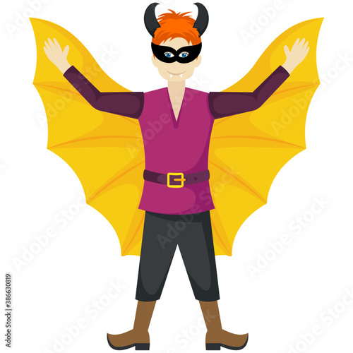 
Human avatar dressed in bat wings and bat eye mask with devil horns, evil batman character for halloween
