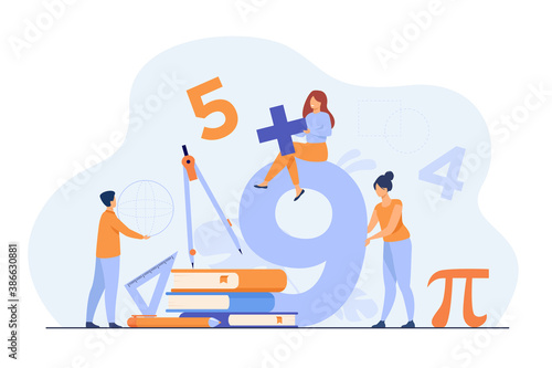 Happy students learning math in college or school isolated flat vector illustration. Cartoon digits, geometry figures, algebra formulas and arithmetic symbols. Education and knowledge concept