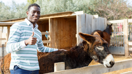 Portrait of positive African American farmer standing close to donkey on yard