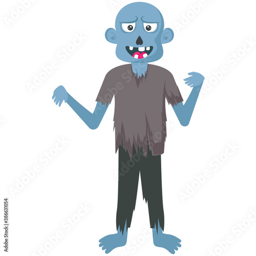 
A  blue faced halloween character grumpy standing in red shirt
