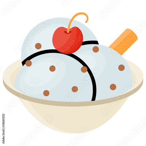 
Vanilla ice cream with chocolate topping having strawberry on top symbolizing vanilla sundae ice cream 
