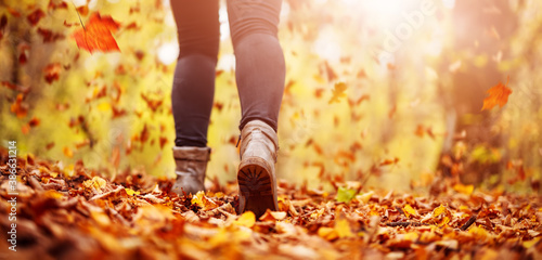 Woman walking outdoors in nature on fallen leaves cover