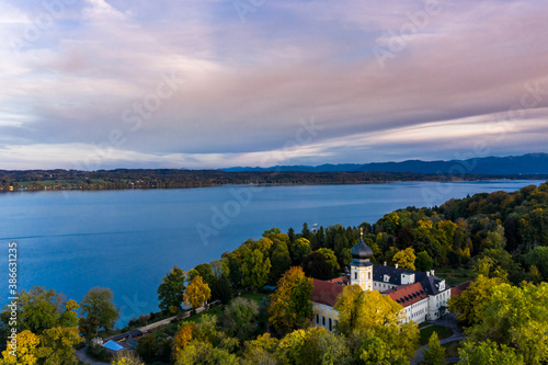 Aerial view, Bernried Abbey, Lake Starnberg, Pfaffenwinkel, Upper Bavaria, Bavaria, Germany