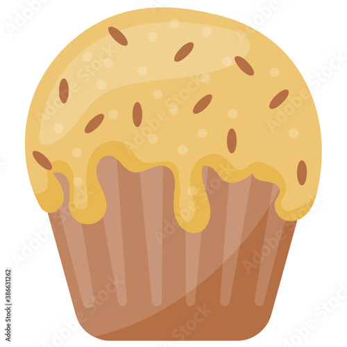 
A cupcake shaped dessert in chocolate flavour with chocolate chips over it 
