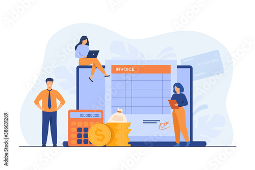 Tiny people preparing invoice on computer isolated flat vector illustration. Cartoon accountants creating reports about VAT, payroll and paid money. Online payment and accounting concept