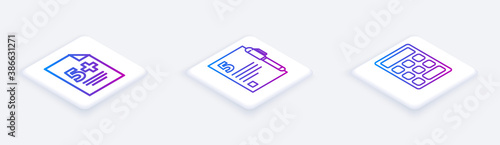 Set Isometric line Calculator, Open book and Triangle math. White square button. Vector.