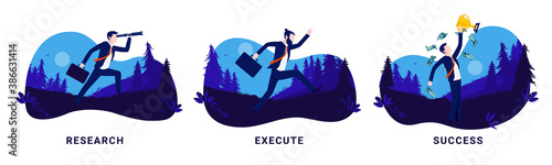 Business process and project illustration - Research, execute and success. Set of 3 illustrations. Vector format.